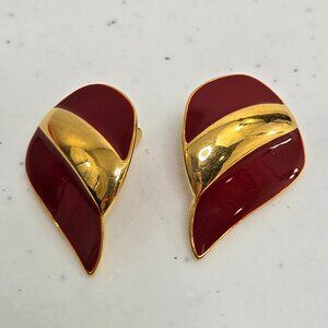 Monet Clip on Earrings Red Gold Tone Stripe 80s Classic Grandma Enamel